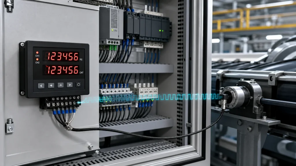 High frequency counter measuring encoder pulses in an industrial control panel