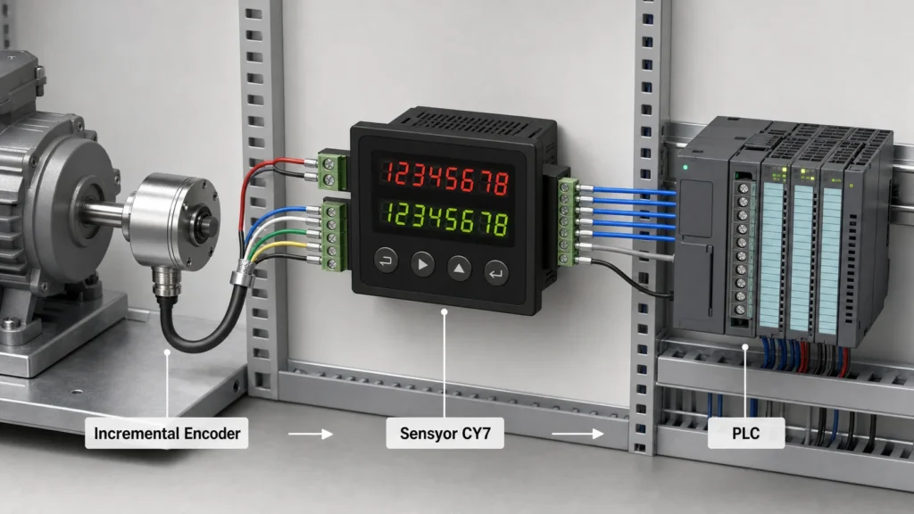 Sensyor CY7 high frequency counter connected to an incremental encoder and PLC