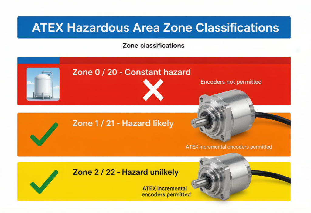 Diagram showing ATEX zone classifications and where ATEX incremental encoders are certified for use