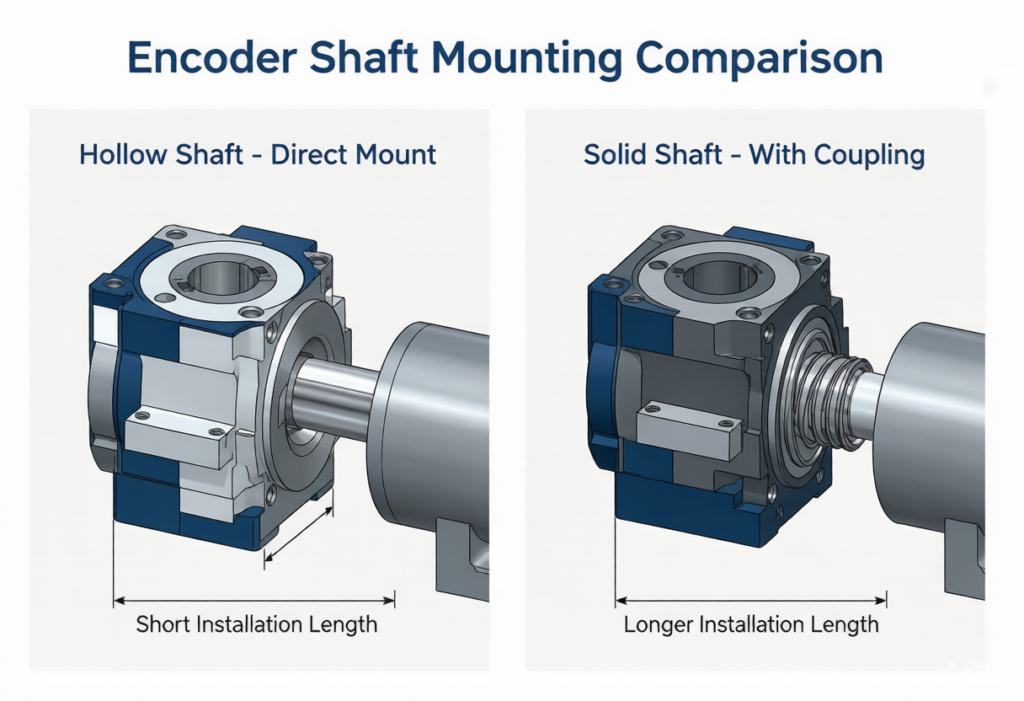 Comparison diagram showing ATEX hollow shaft encoder mounting vs solid shaft encoder with coupling in a hazardous area